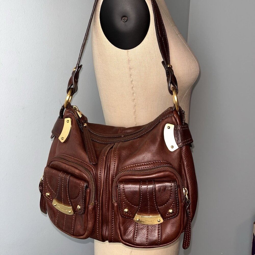 B. Makowski Brown Soft Leather Shoulder Bag Y2K Slouchy Front Pockets Brass - Picture 2 of 16